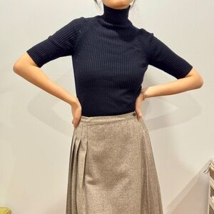 Navy Wool Italian Knitted Cropped Turtleneck Short Sleeves